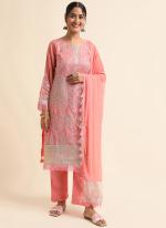 Faux Georgette Peach Traditional Wear Zari Work Straight Suit